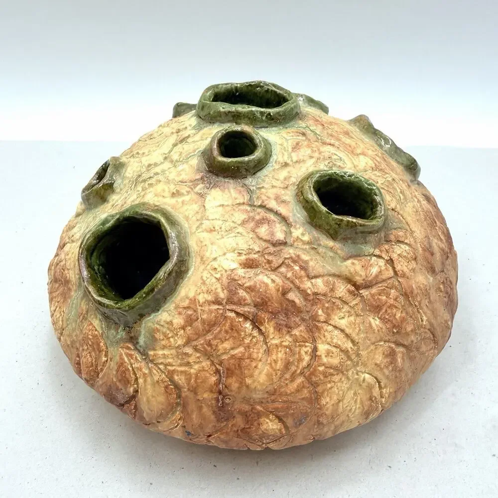 Vintage Handmade Unique Studio Art Pottery Flower Frog Vase Signed Ruth Hamele
